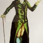 Anthropomorphic duck in 18th-century attire with walking cane