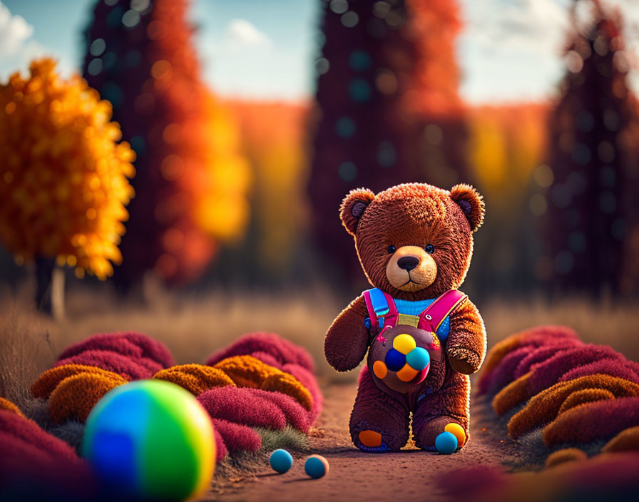 Plush teddy bear in overalls on path with colorful balls and autumn trees