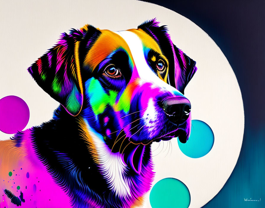 Colorful neon dog art with vibrant patches on face and circles background