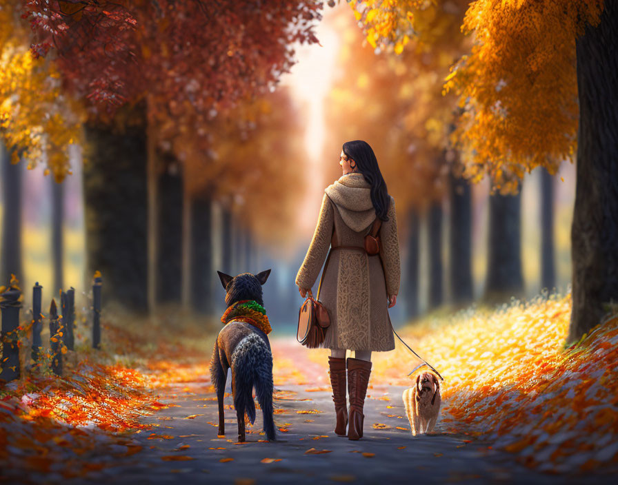 Woman with Two Dogs Walking on Autumn Path with Golden Foliage