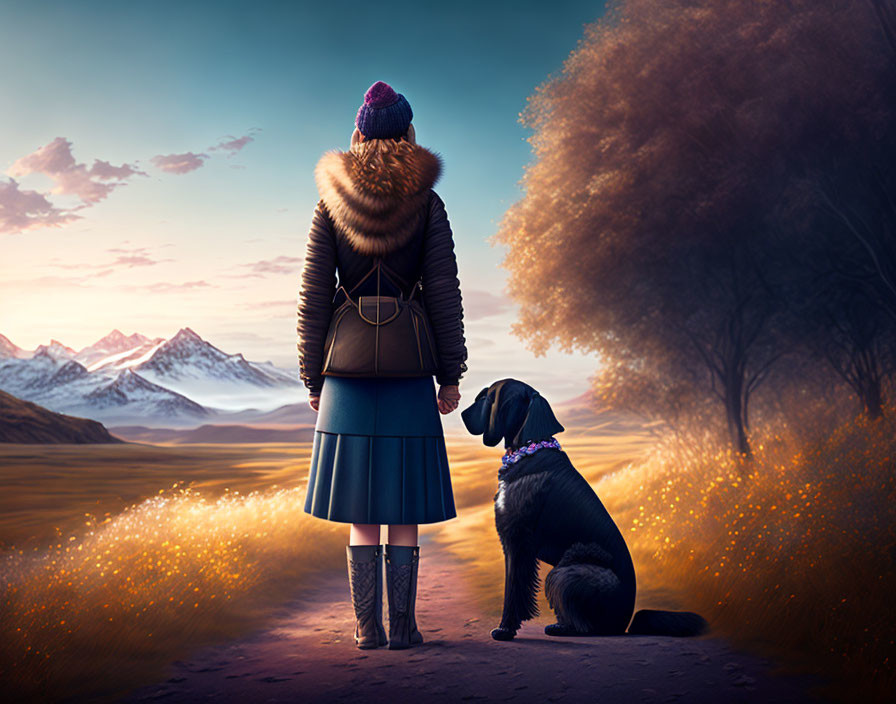 Woman with dog in snowy mountain landscape at dusk