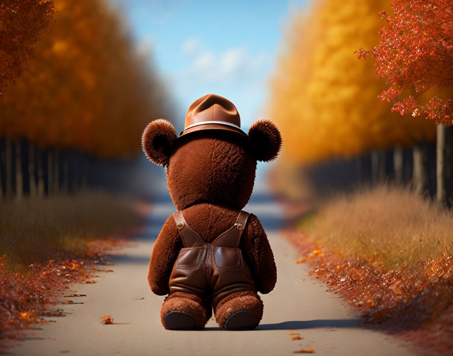 Teddy bear in overalls and hat on autumn road with orange trees