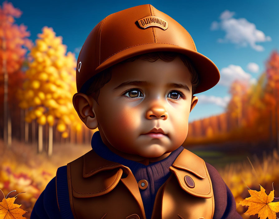 Toddler in Brown Cap and Jacket Surrounded by Autumn Foliage