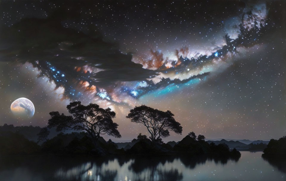 Starry night sky with Milky Way galaxy, trees, lake, and planet