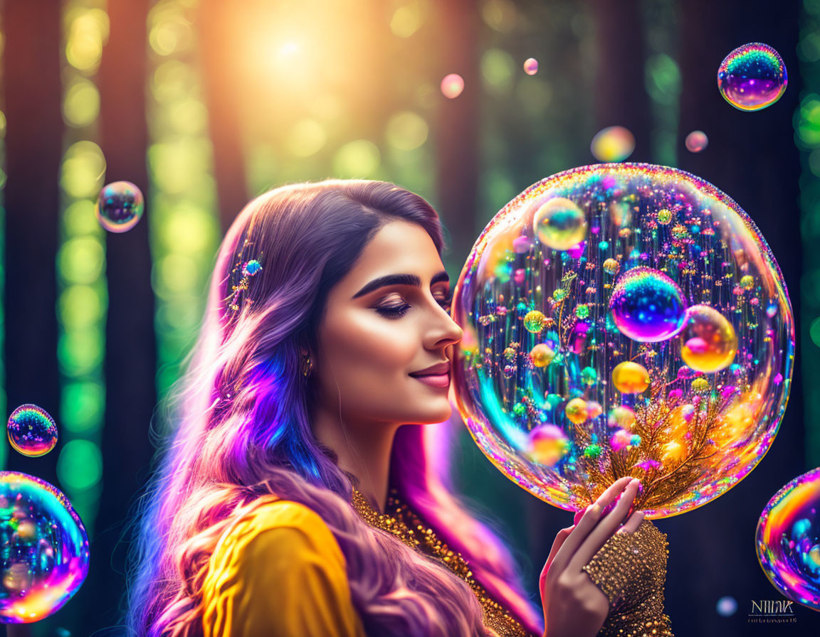 Shimmering yellow outfit woman gazes at iridescent bubble in vibrant forest