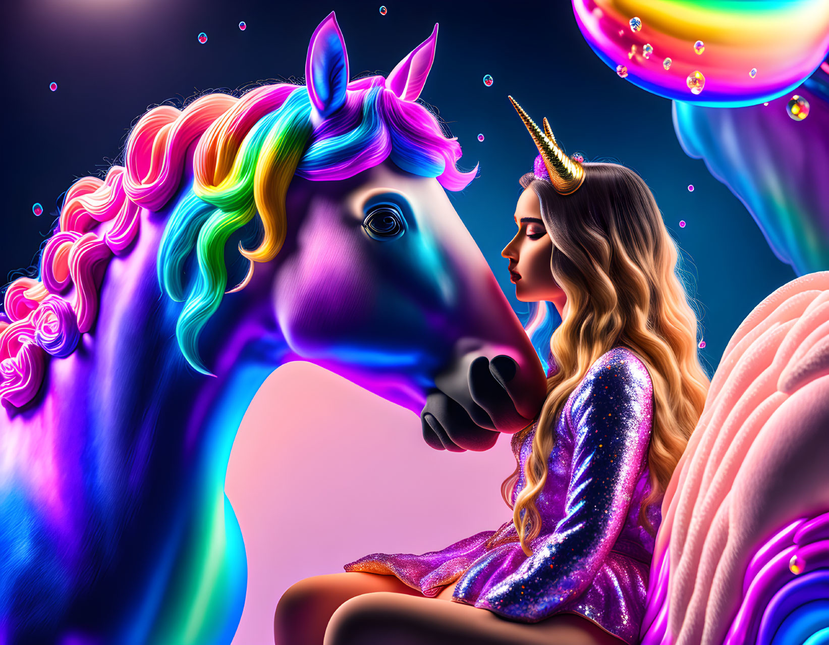 Woman with unicorn horn headpiece touching noses with neon-colored unicorn under glowing sky