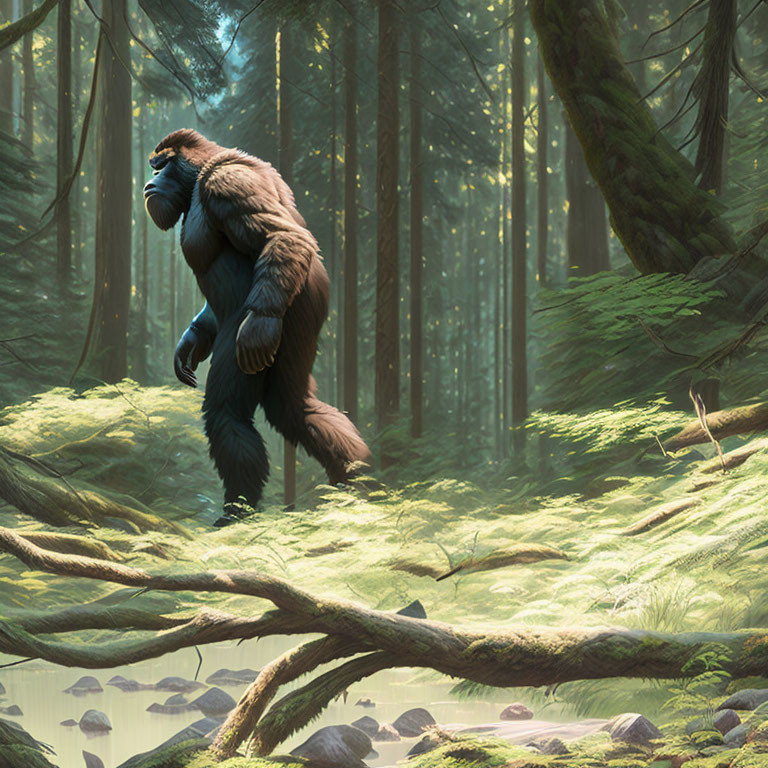 Majestic gorilla in sunlit forest with moss-covered trees