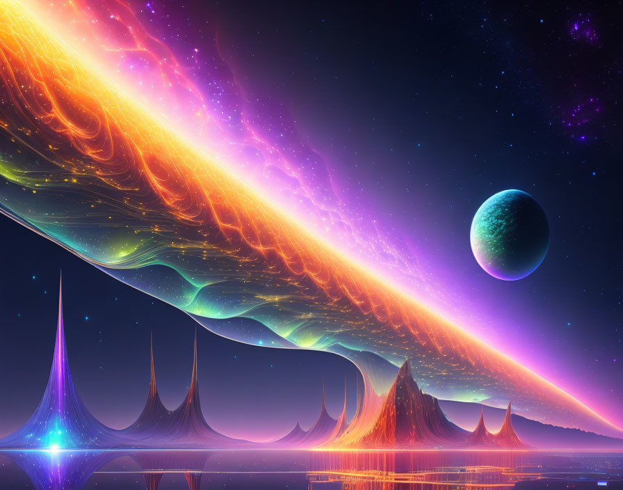 Colorful cosmic landscape with futuristic structures and distant planet