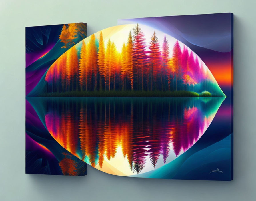 Colorful Circular Forest Reflection Artwork on Canvas