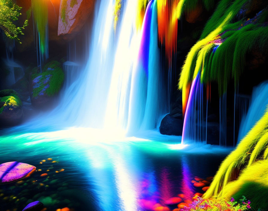 Digitally altered waterfall with neon colors cascading into blue pool