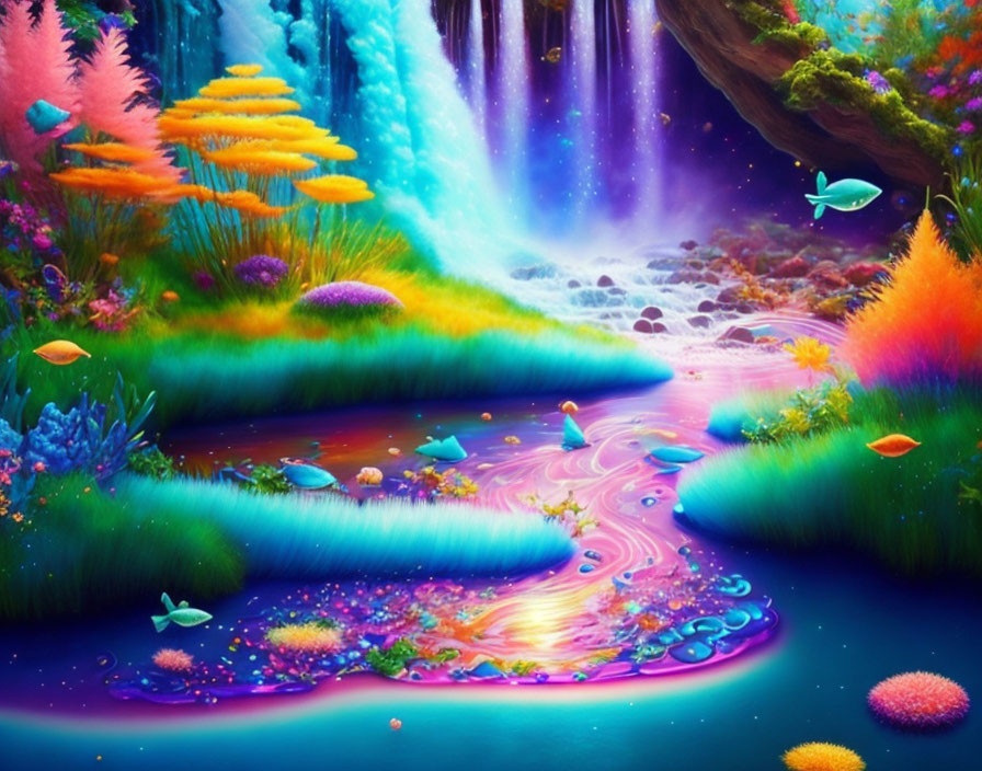 Fantastical landscape with luminescent plants, waterfalls, river, and butterflies