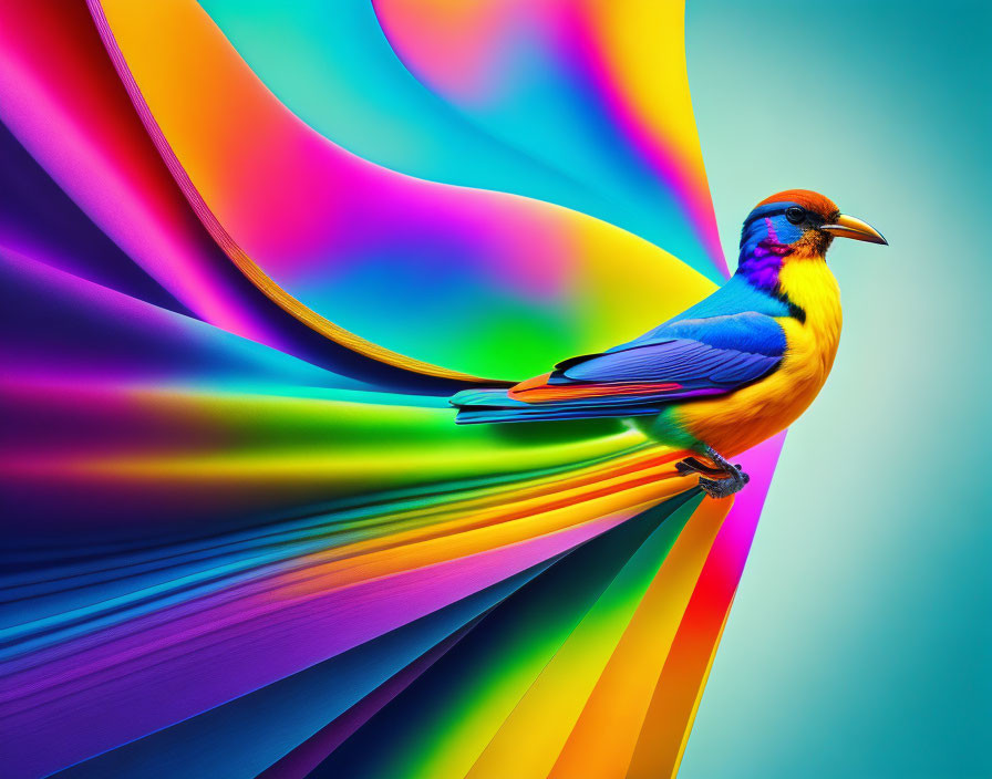 Colorful Bird Perched on Rainbow Ribbon on Blue Green Background