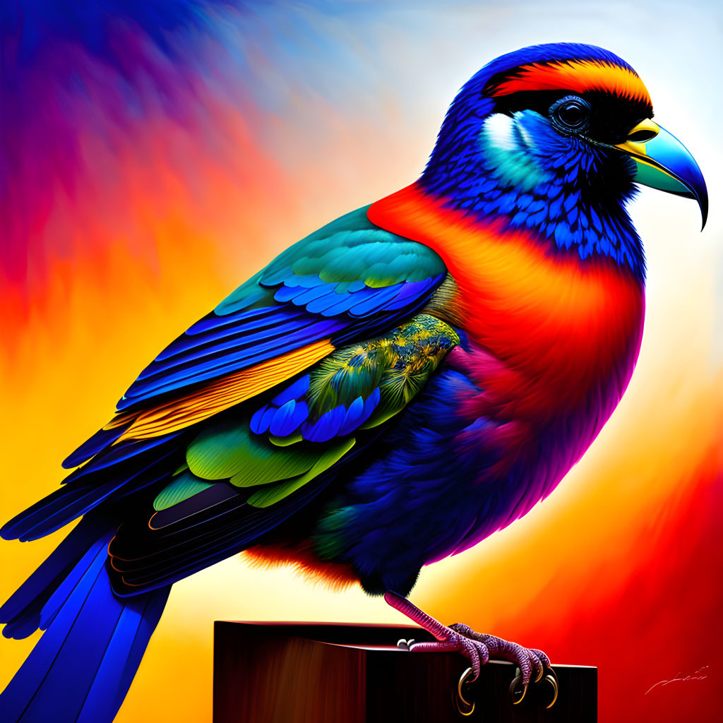 Colorful bird illustration in fiery sky.