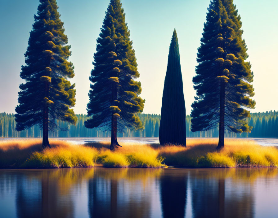 Tranquil lakeside landscape with tall pine trees and golden grass