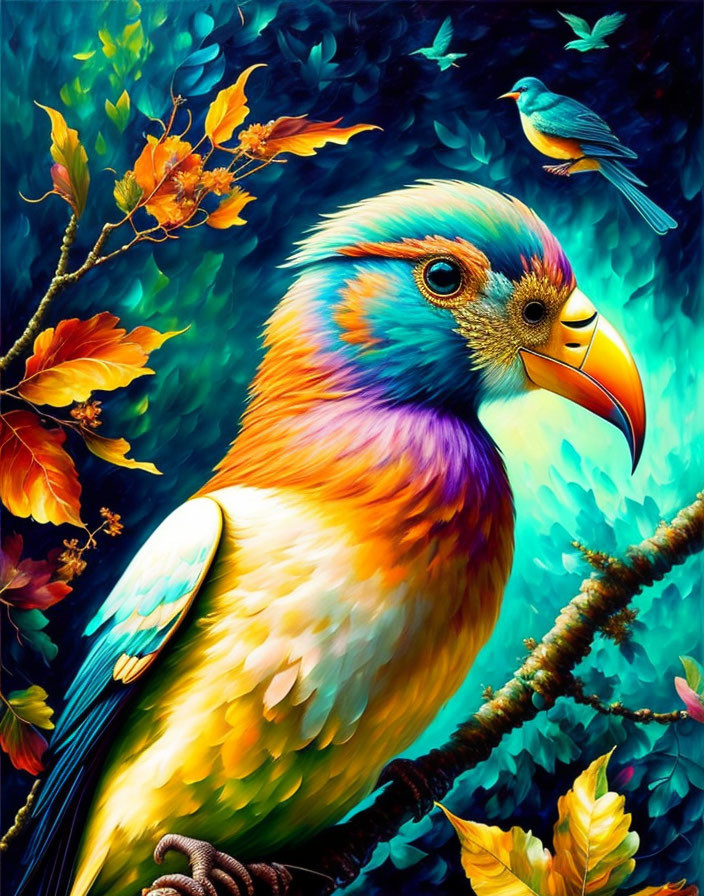 Colorful Bird Illustration Perched in Lush Forest