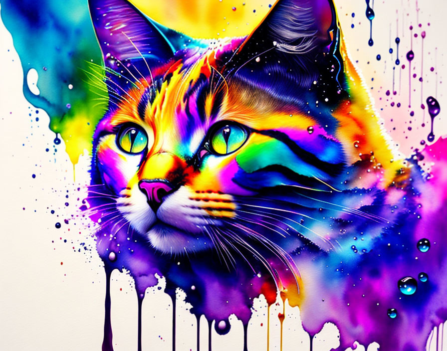 Colorful Artistic Cat with Dripping Rainbow Hues