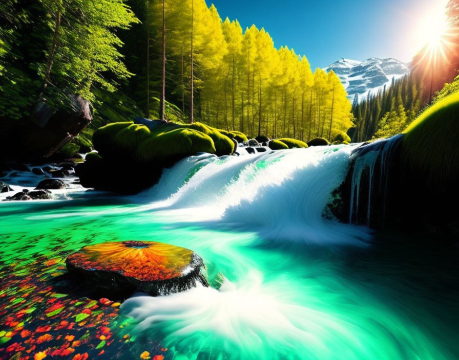 Scenic stream in autumn forest with snow-capped mountains