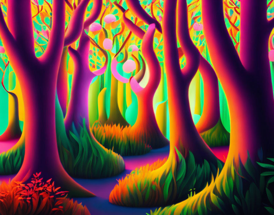 Neon-colored digital art forest with glowing orbs and stylized trees