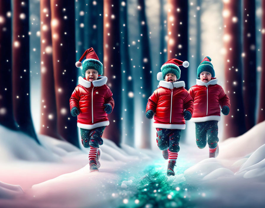 Children in Santa hats and winter jackets running in snowy forest with glowing lights