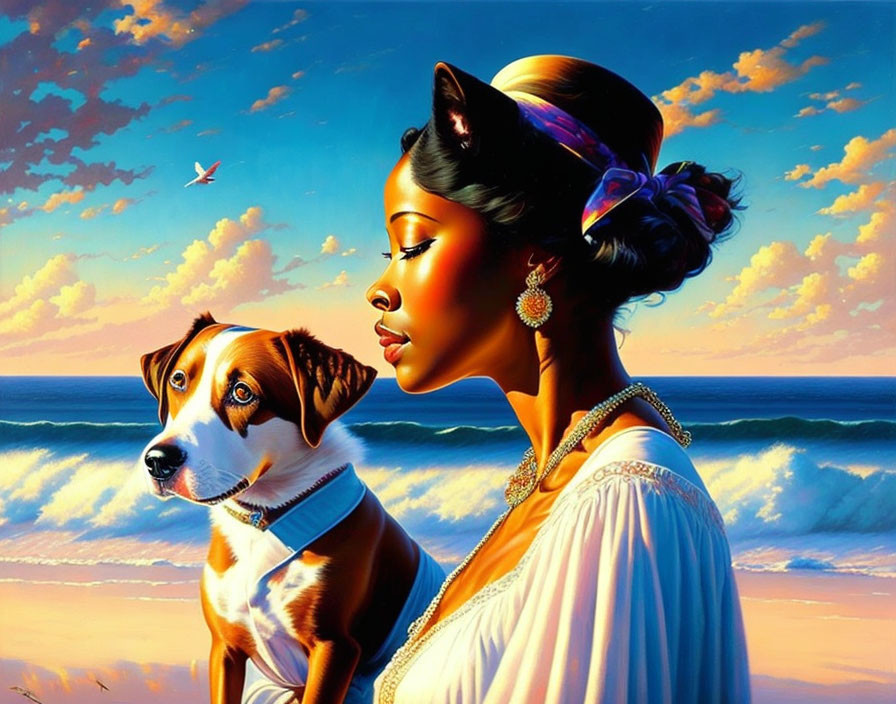 Stylized painting of woman and dog by ocean at sunset