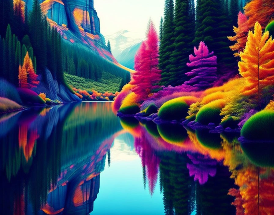 Colorful Trees Reflecting in Calm River Against Mountain Backdrop