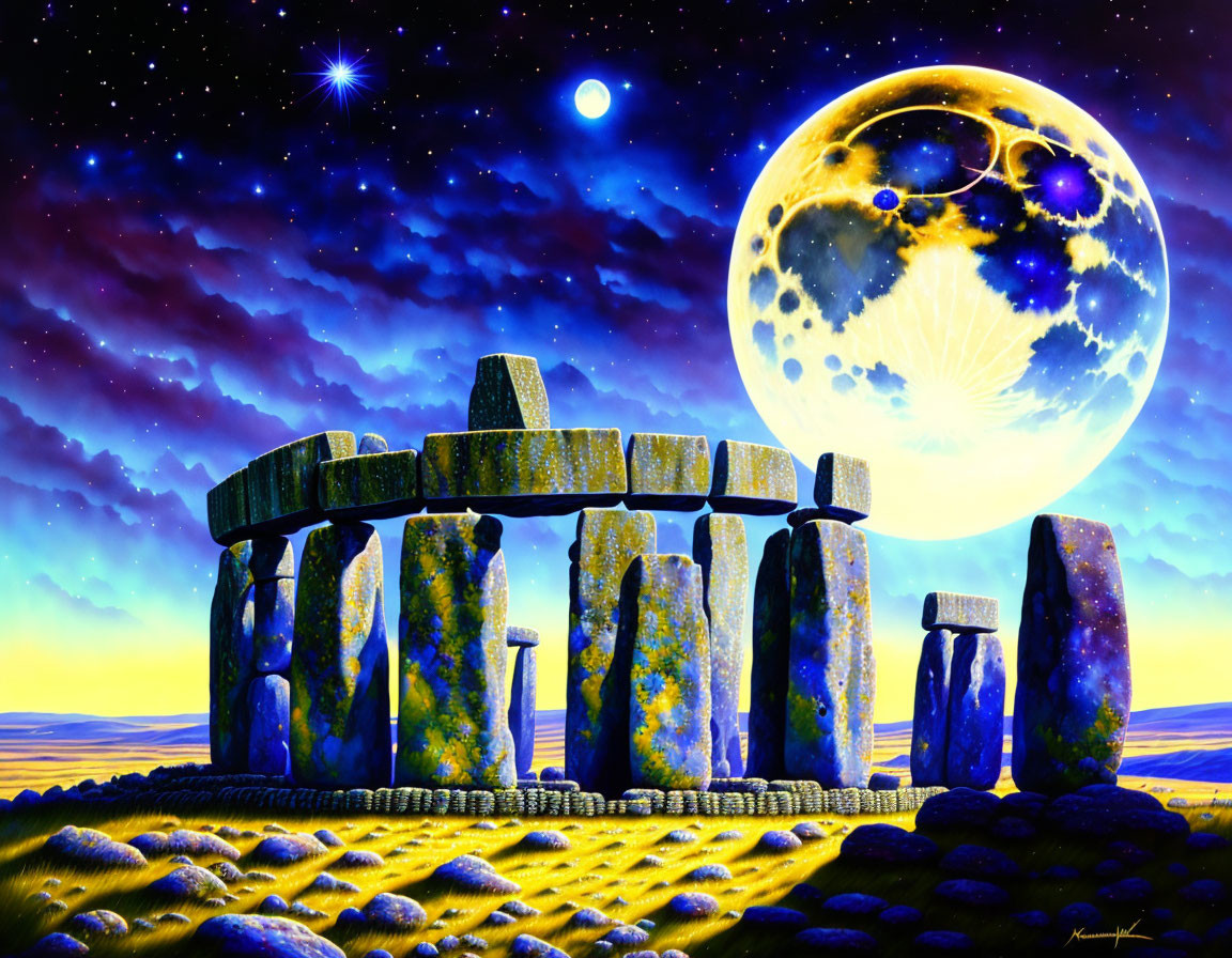 Stonehenge painting with detailed moon and starry sky