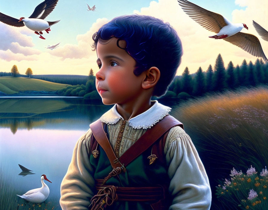 Curly-Haired Boy in Traditional Clothing by Serene Lake at Dusk