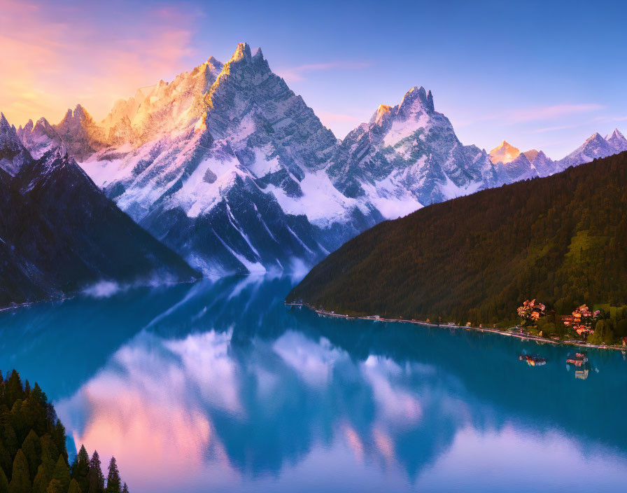 Tranquil mountain lake at sunrise with snow-capped peaks and village reflections