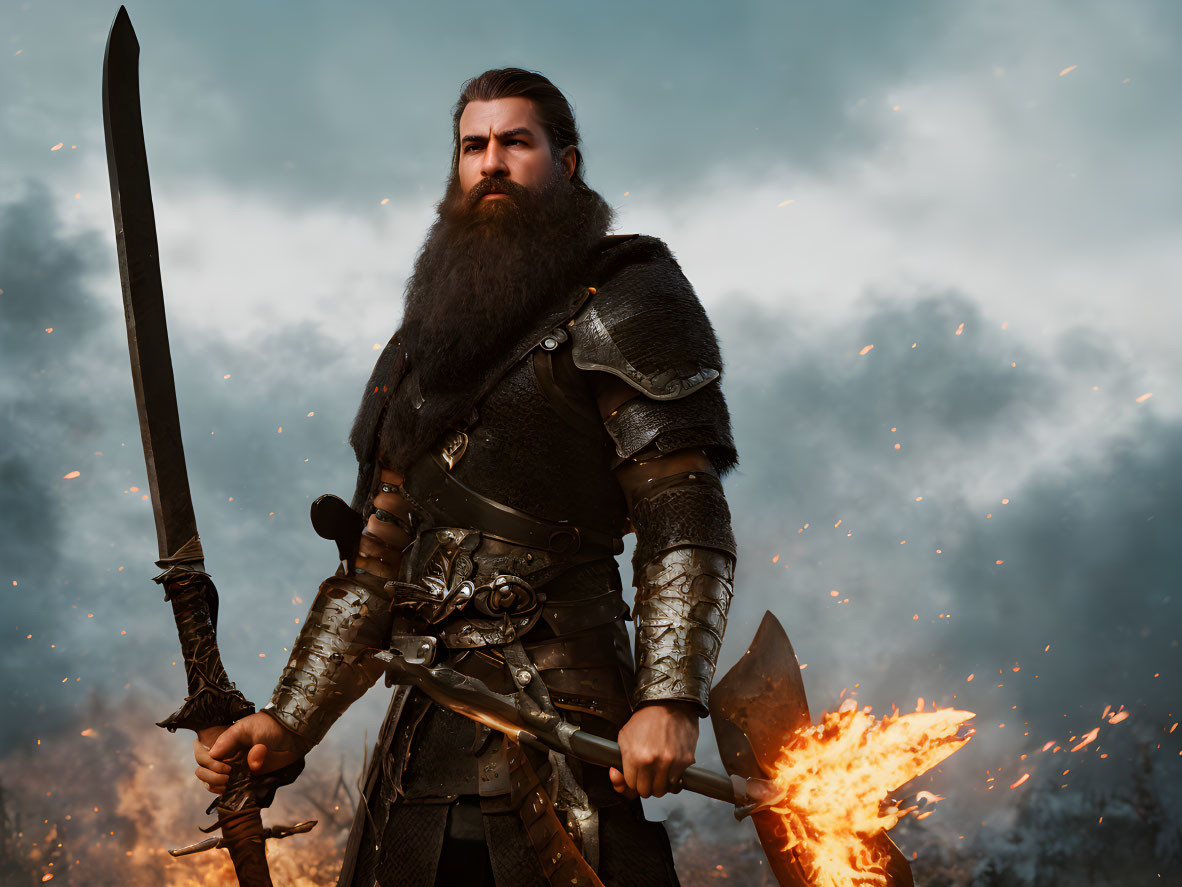 Bearded warrior in armor with sword and axe in fiery setting