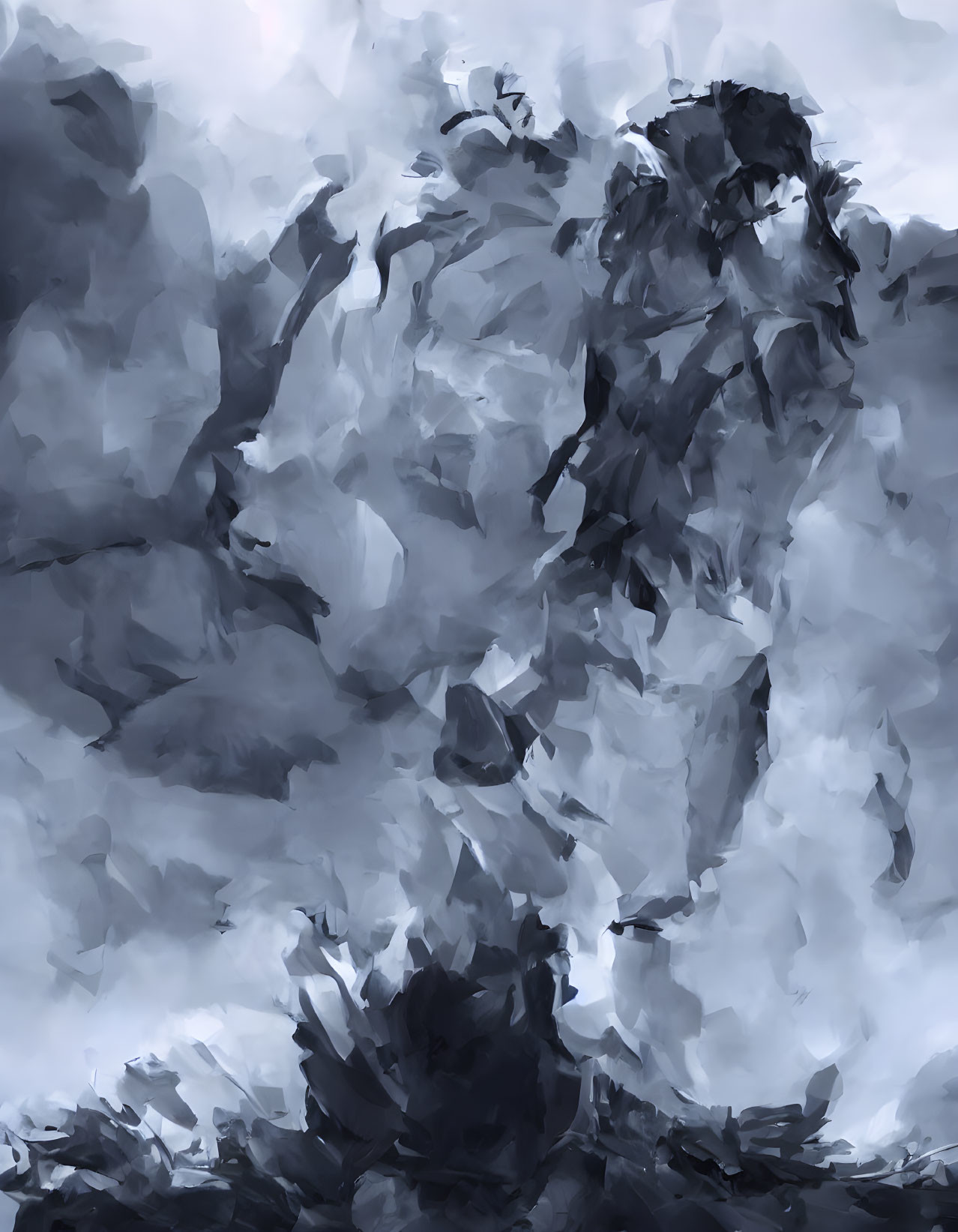 Monochromatic abstract painting with dark and light gray brushstrokes