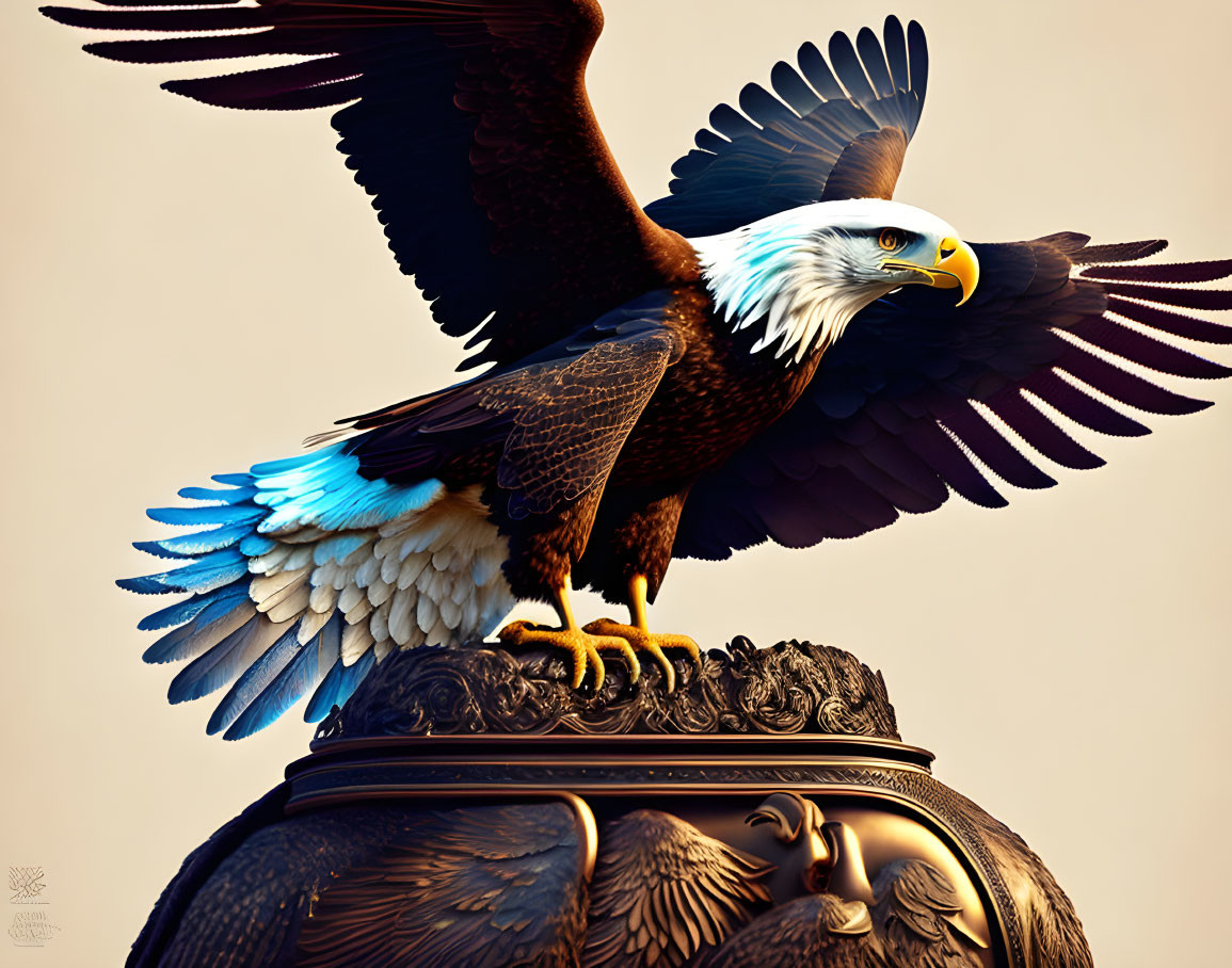 Majestic bald eagle with outstretched wings on embellished surface