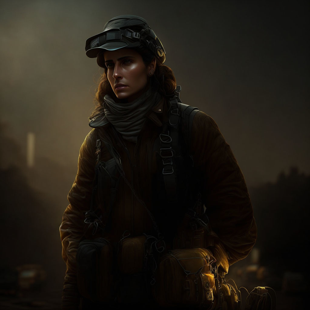 Woman in Tactical Gear Stands Against Dark Background