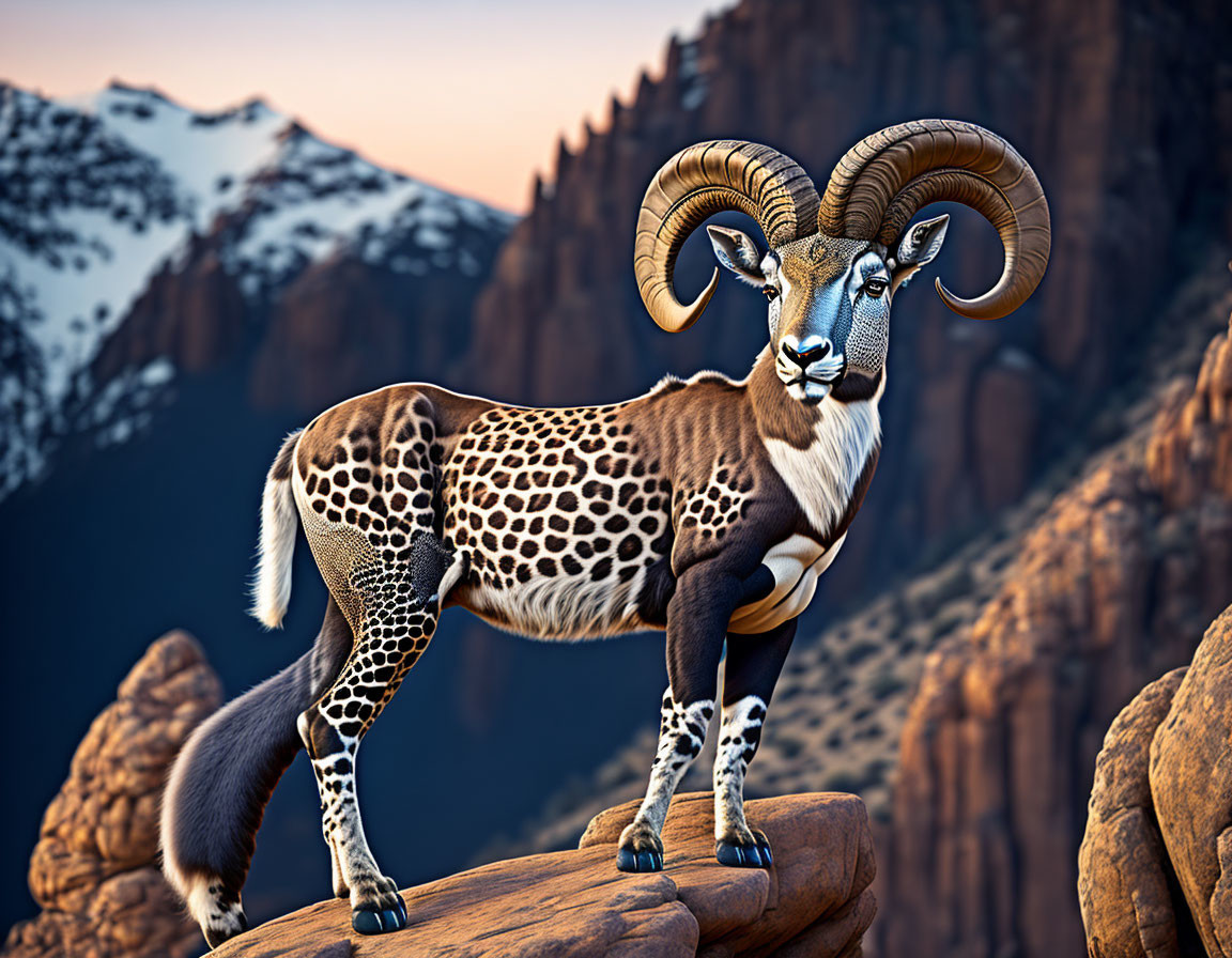 Digital Chimera Animal: Ram-Leopard Hybrid on Rock with Mountain Background