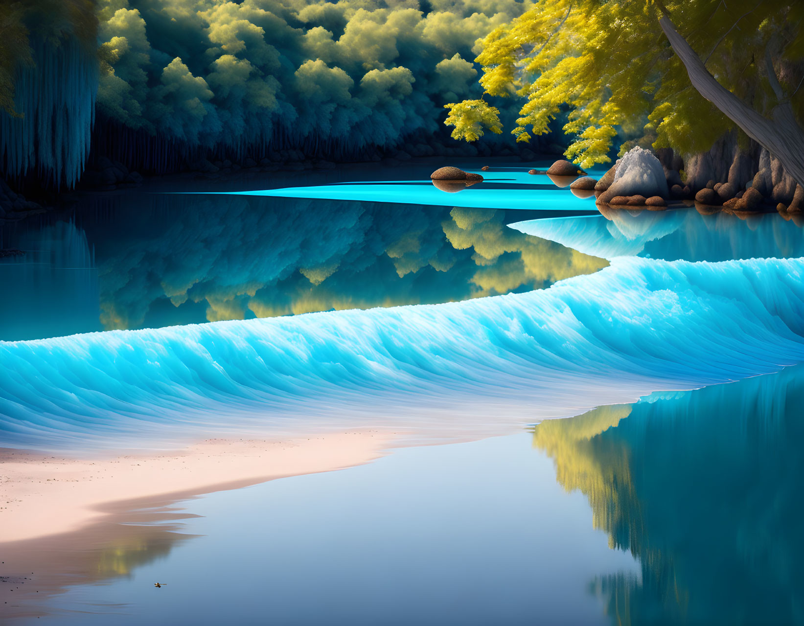 Tranquil blue river with waterfall edge and lush green trees