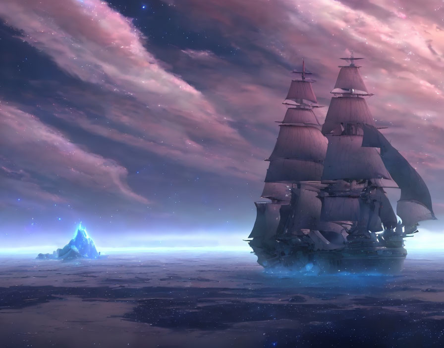 Majestic sailing ship over surreal alien landscape