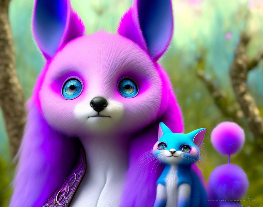 Fantastical creatures with purple fur and blue eyes on colorful backdrop