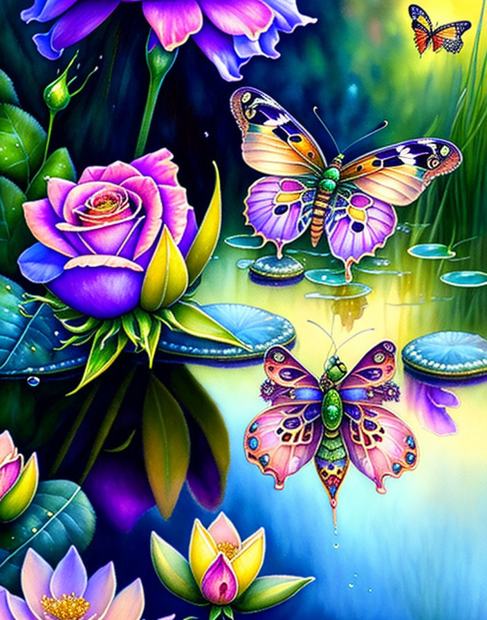 Colorful butterflies and flowers in lush garden scene