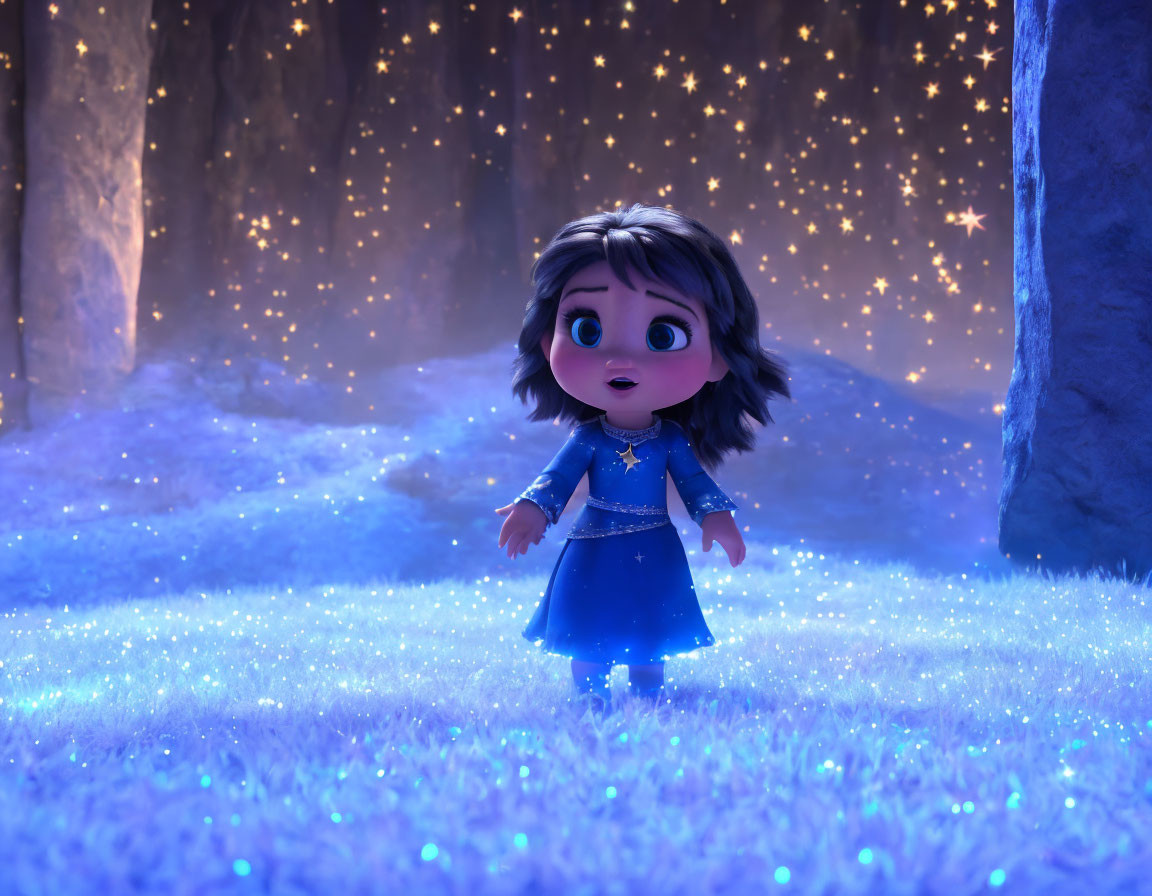 Animated character in blue dress in magical glade with starry lights