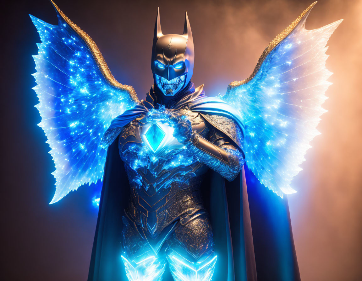 Dark-armored figure with bat motif and blue wings holding glowing crystal on warm background