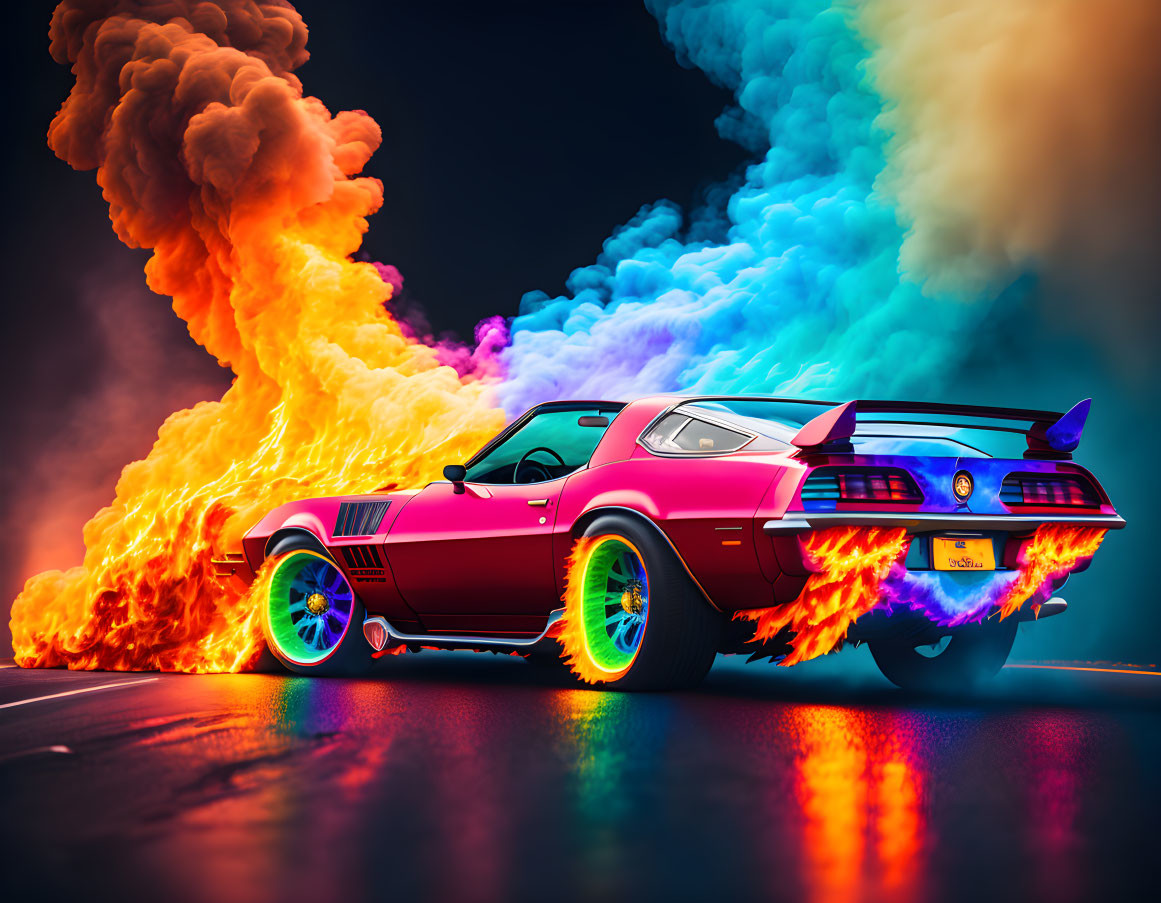 Pink Classic Muscle Car with Fiery Wheels and Colorful Smoke Trails