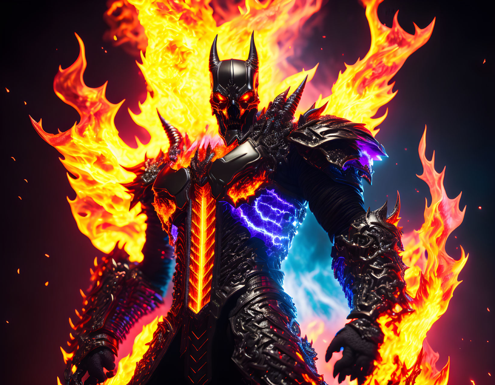 Armored figure with glowing eyes surrounded by flames on dark background