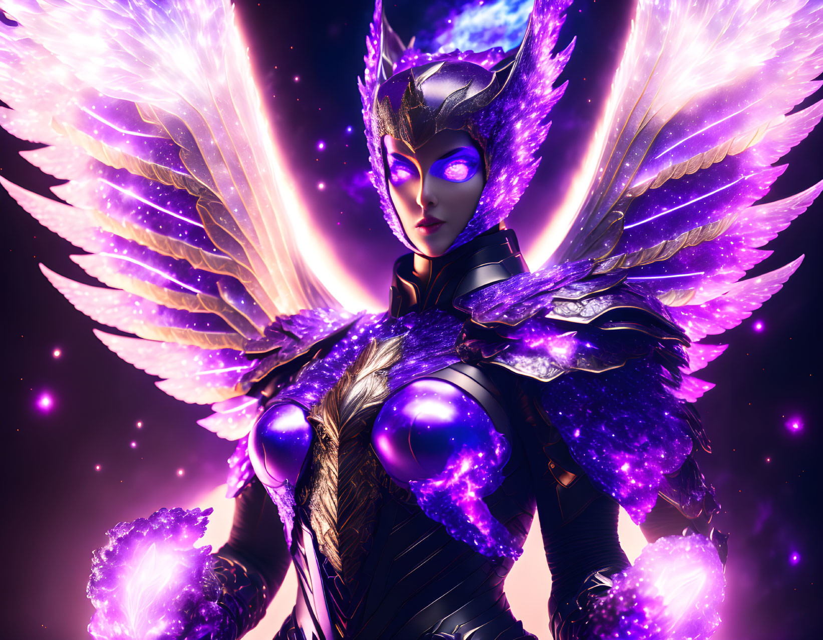 Digital artwork of female character in purple and black armor with glowing purple eyes and crystal-like wings against cosmic