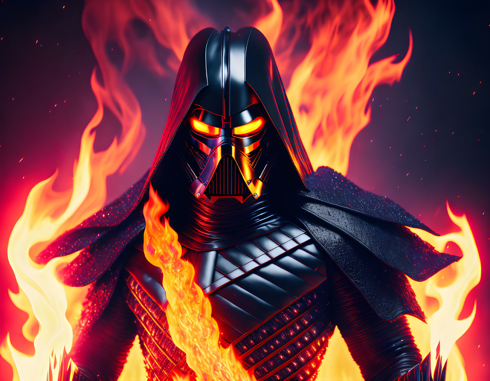 Menacing figure in black armor with cape amidst intense flames and glowing eyes.