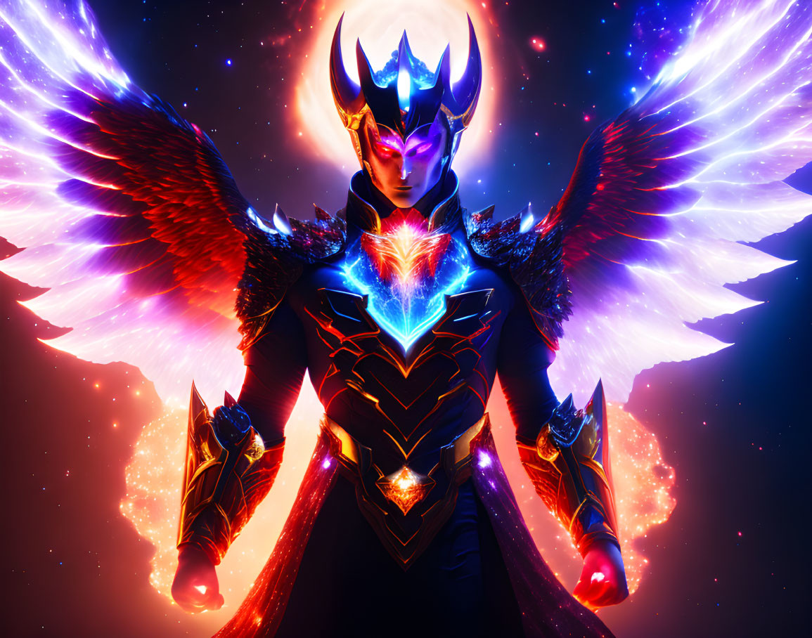 Character with glowing heart, fiery wings, and cosmic backdrop in vibrant image