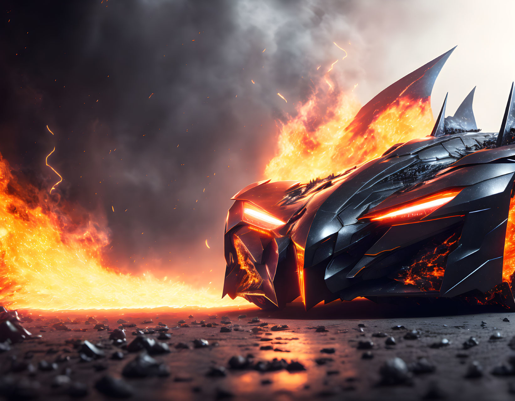 Futuristic black car with red accents on rocky terrain with flames and smoke