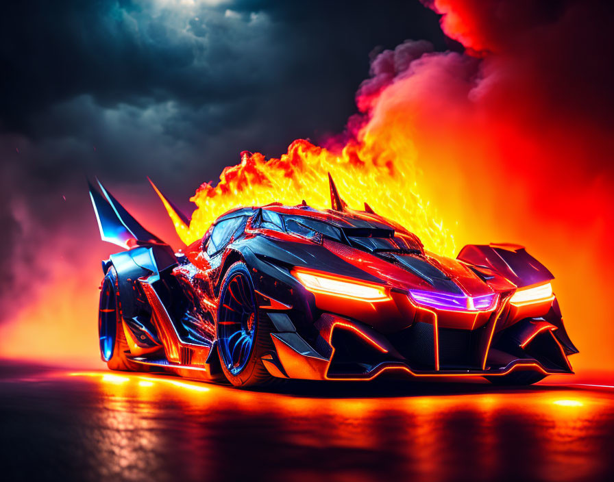 Futuristic black sports car with sharp angles and neon lights amid flames and smoke