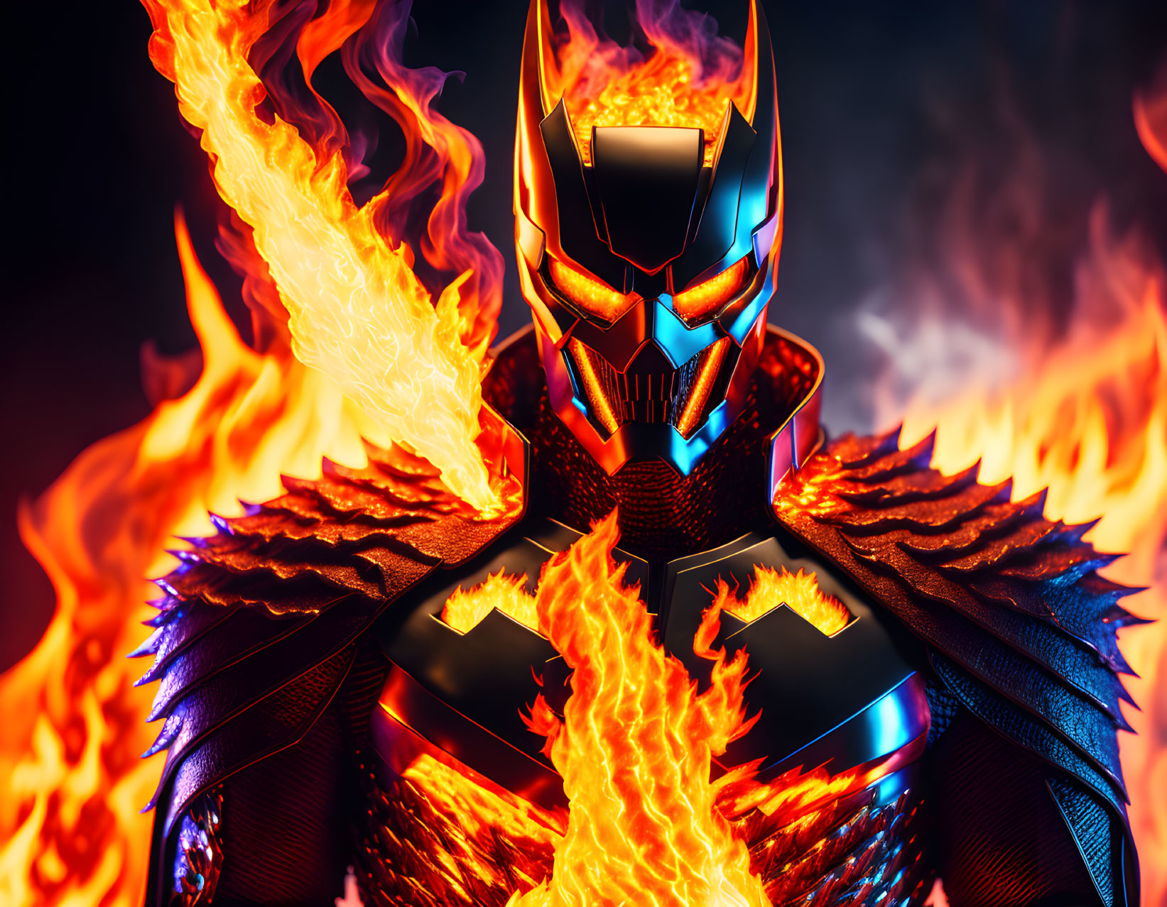 Futuristic warrior in fiery armor against dark background