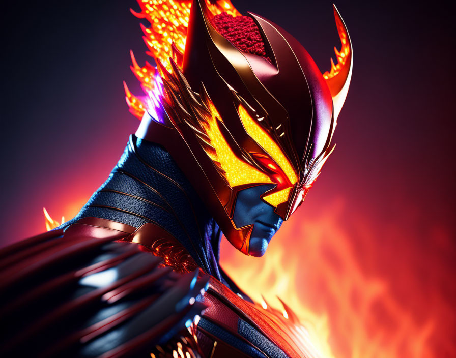 Stylized illustration of character with flaming helmet and glowing visor in blue suit