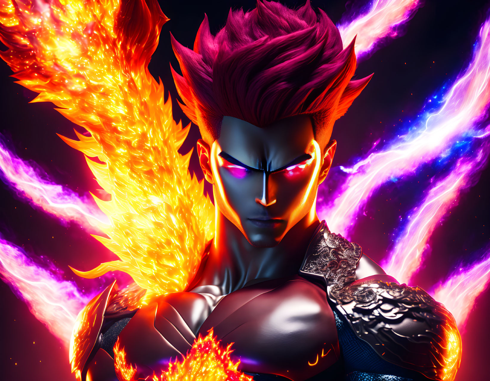 Anime character with red spiky hair and purple eyes in cosmic setting