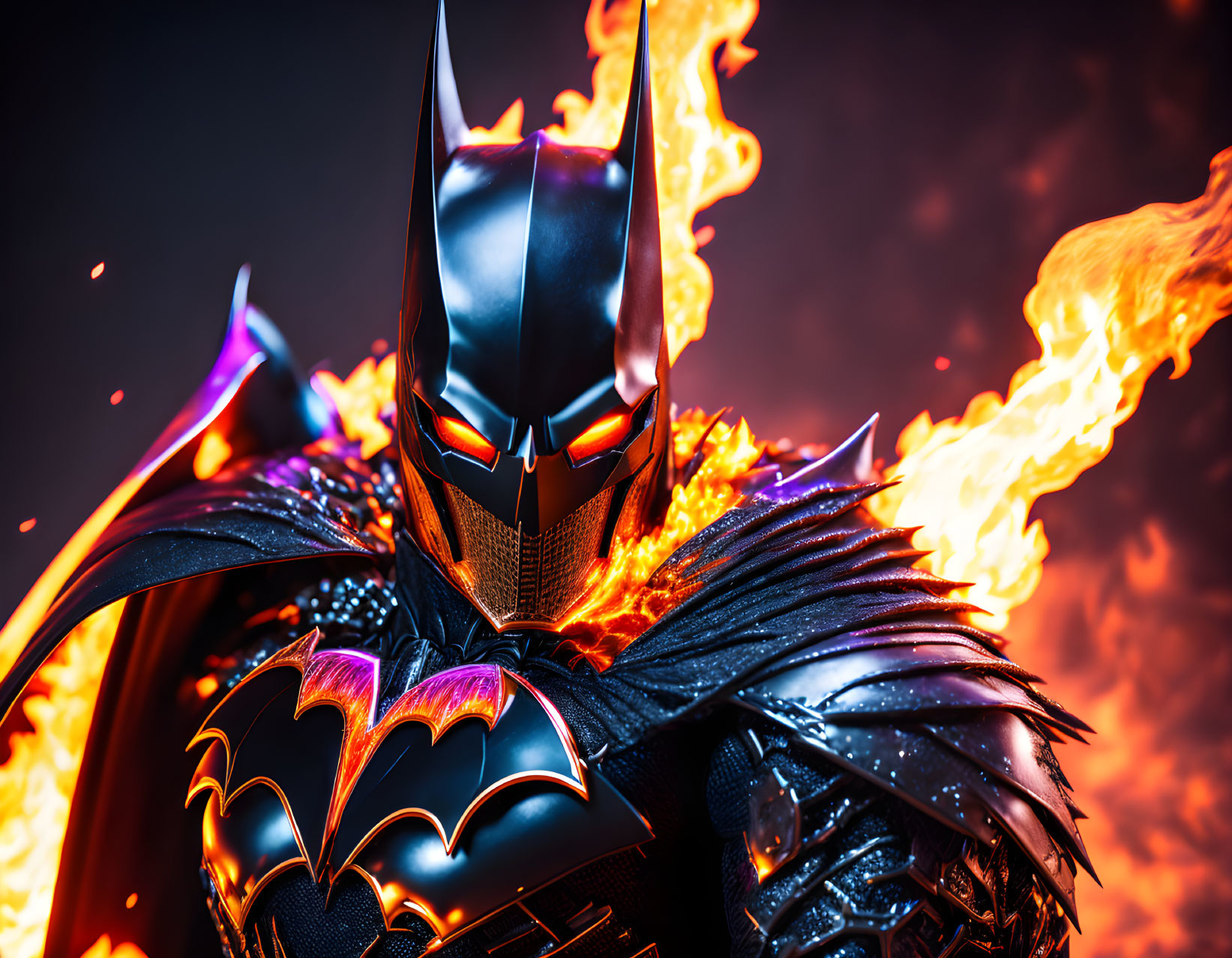 Detailed Batman costume engulfed in intense flames for a dramatic ambiance